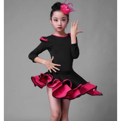 Black fuchsia girls latin dresses kids children stage performance competition rumba salsa dancing outfits